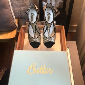 New Evening Shoes By Butter. Gold glitter black.